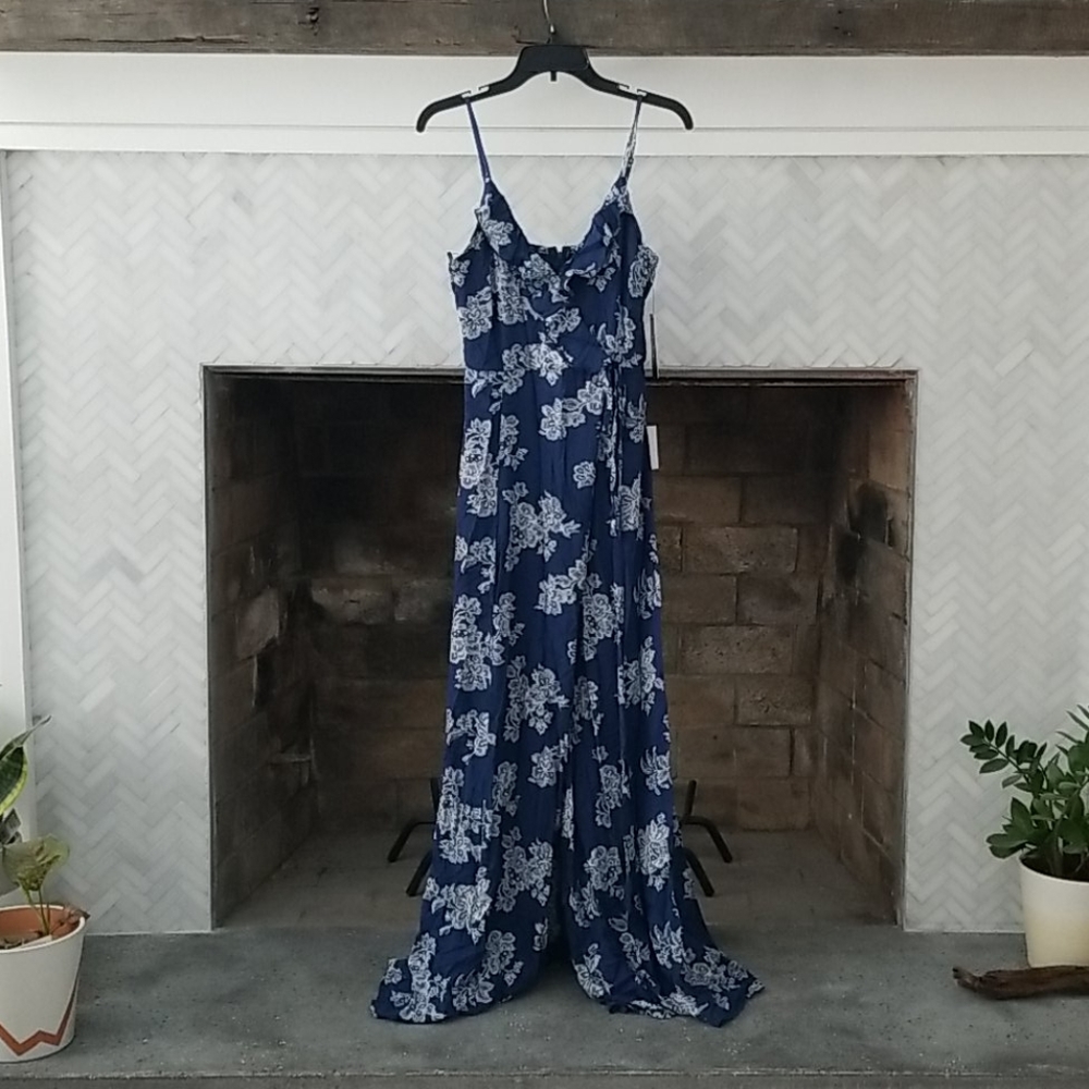 Lulu's faux wrap floral navy maxi dress
